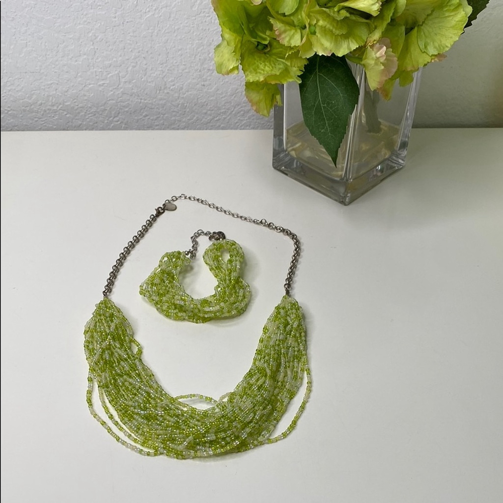 Lime Green Multi-Strand Beaded Necklace and Bracelet Set